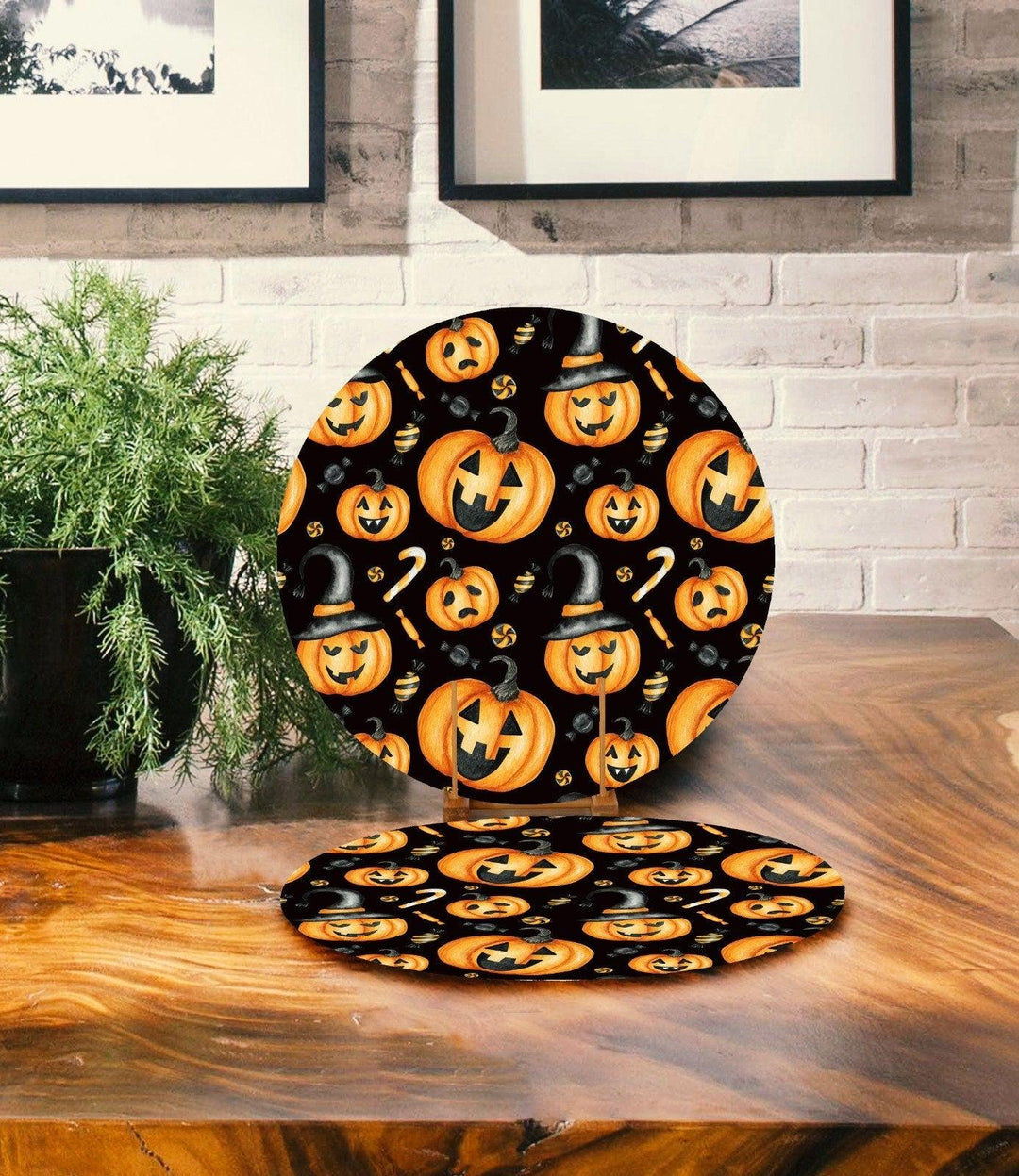 Set of 2 Halloween Placemat|Fall Trend Home Decor|Pumpkin Supla Table Mat|Carved Pumpkin Round American Service Dining Underplate, Coasters