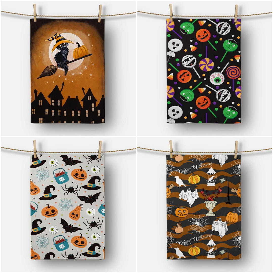 Halloween Kitchen Towel|Carved Pumpkin and Black Cat Dish Towel|Cat Witch Halloween Towel|Decorative Halloween Towel|Autumn Trend Hand Towel