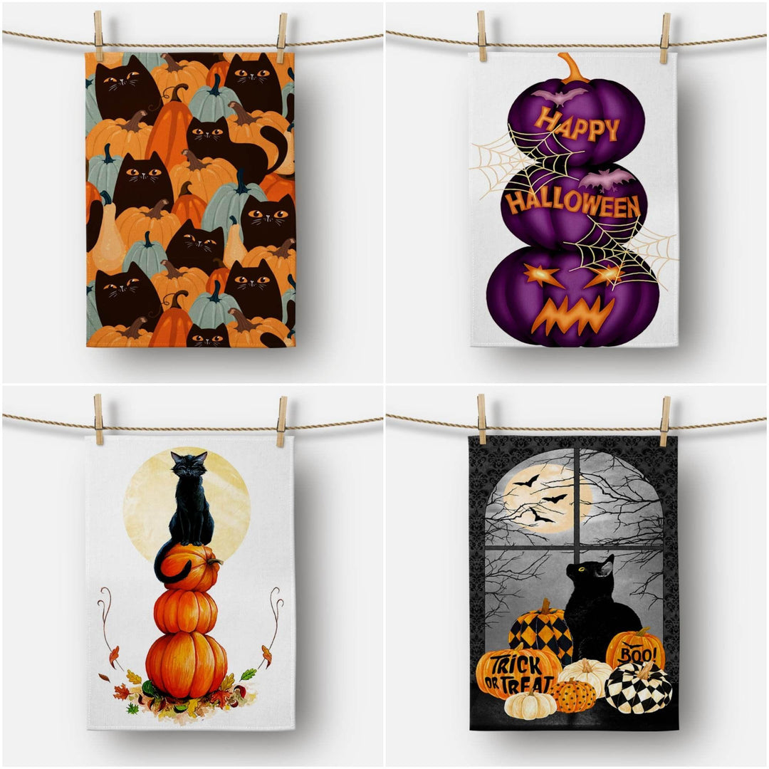 Halloween Kitchen Towel|Pumpkin and Black Cat Dish Towel|Happy Halloween Tea Towel|Decorative Halloween Towel|Trick or Treat Trend Towel