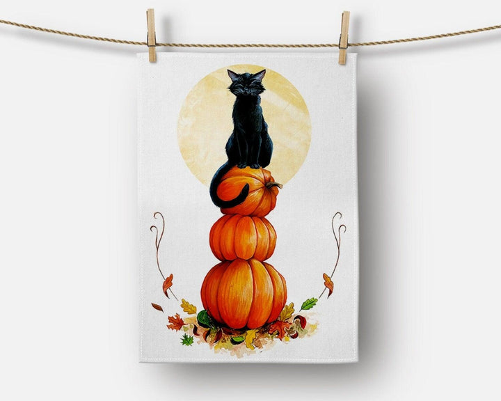 Halloween Kitchen Towel|Pumpkin and Black Cat Dish Towel|Happy Halloween Tea Towel|Decorative Halloween Towel|Trick or Treat Trend Towel