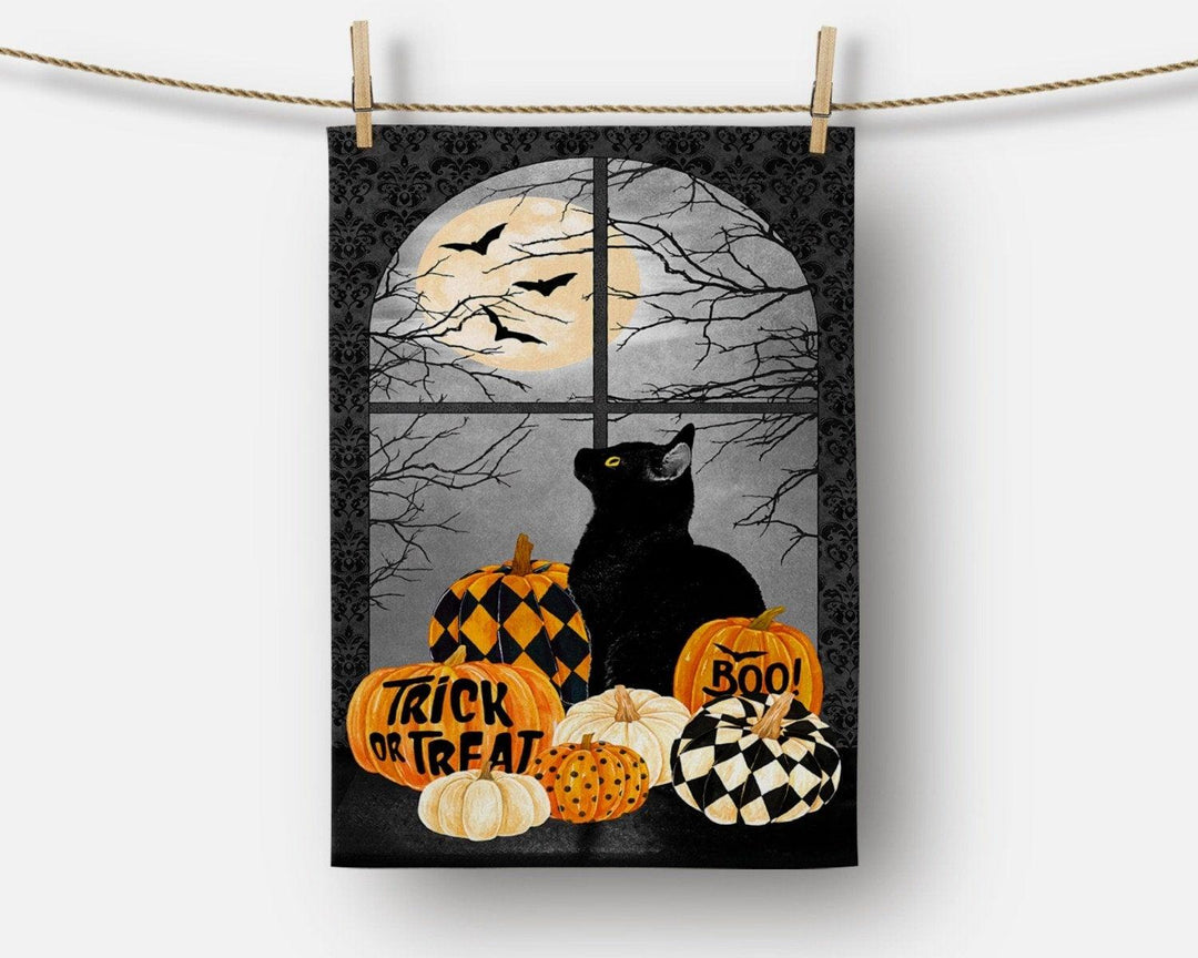 Halloween Kitchen Towel|Pumpkin and Black Cat Dish Towel|Happy Halloween Tea Towel|Decorative Halloween Towel|Trick or Treat Trend Towel