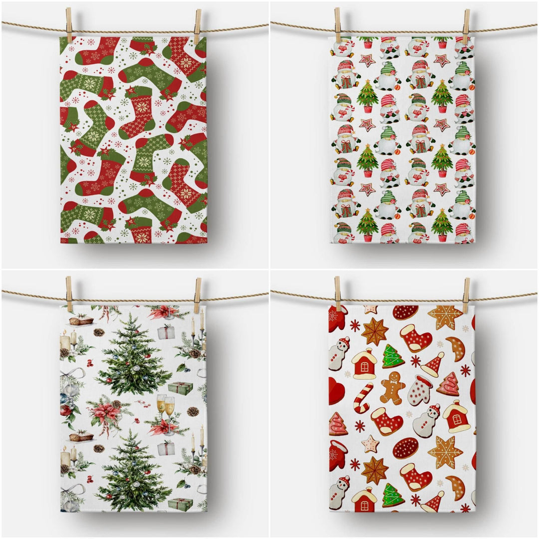 Christmas Kitchen Towel|Christmas Socks Dish Towel|Xmas Tree Hand Towel|Decorative Hand Towel|Dwarf Santa and Ornaments Tea Towel|Xmas Towel