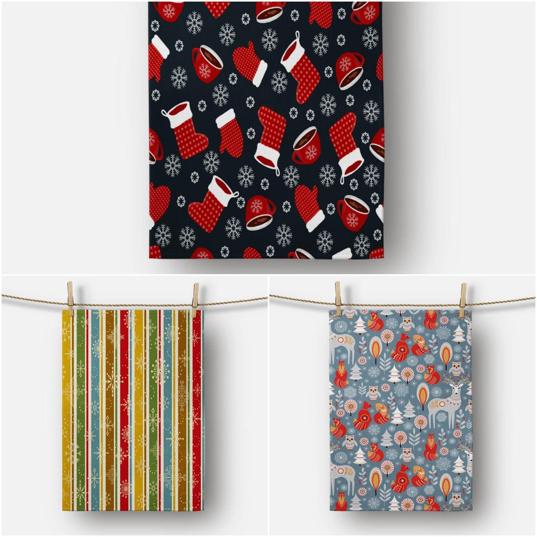 Christmas Kitchen Towel|Christmas Sock Dish Towel|Xmas Design Hand Towel|Decorative Hand Towel|Xmas Winter Animals Tea Towel|Xmas Hand Towel