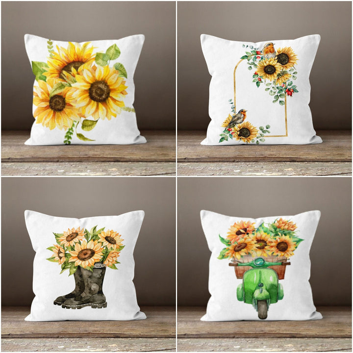 Sunflower Pillow Cover|Floral Sunflower Throw Pillow|Sunflower with Boot and Motorcycle|Sunflower and Bird Pillow|Farmhouse Style Pillow Top