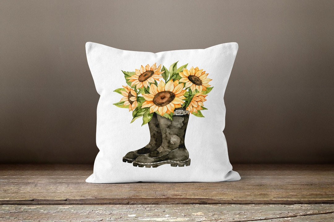 Sunflower Pillow Cover|Floral Sunflower Throw Pillow|Sunflower with Boot and Motorcycle|Sunflower and Bird Pillow|Farmhouse Style Pillow Top