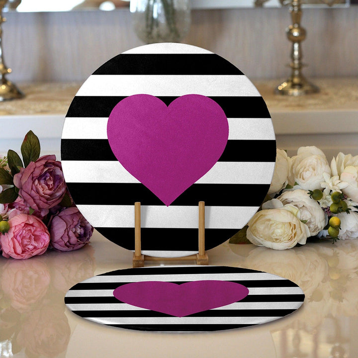 Striped Heart Placemat|Set of 2 Heart Supla Table Mat|Valentine's Day Round American Service Dining Underplate|Farmhouse Style Love Coasters