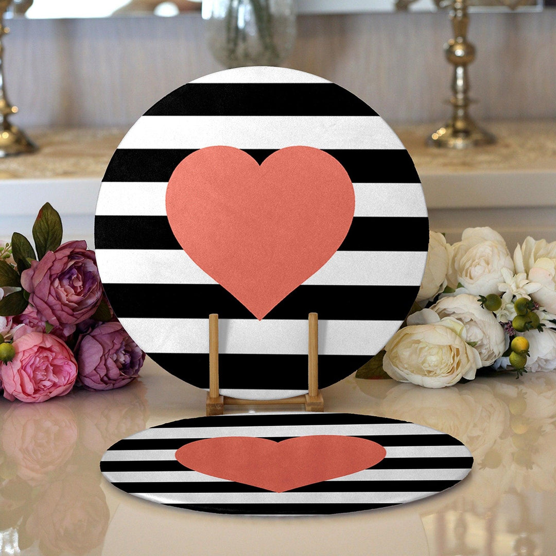 Striped Heart Placemat|Set of 2 Heart Supla Table Mat|Valentine's Day Round American Service Dining Underplate|Farmhouse Style Love Coasters