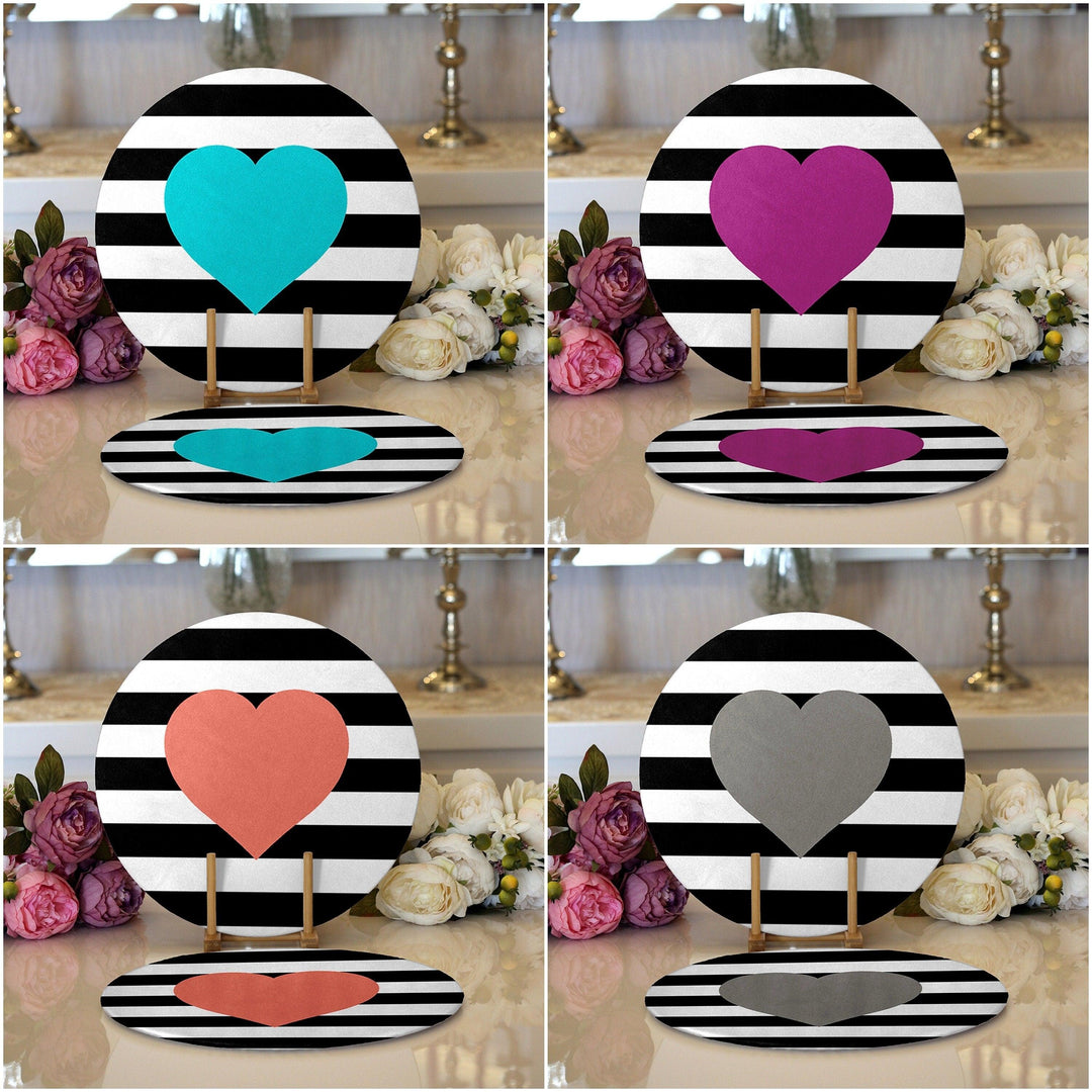 Striped Heart Placemat|Set of 2 Heart Supla Table Mat|Valentine's Day Round American Service Dining Underplate|Farmhouse Style Love Coasters