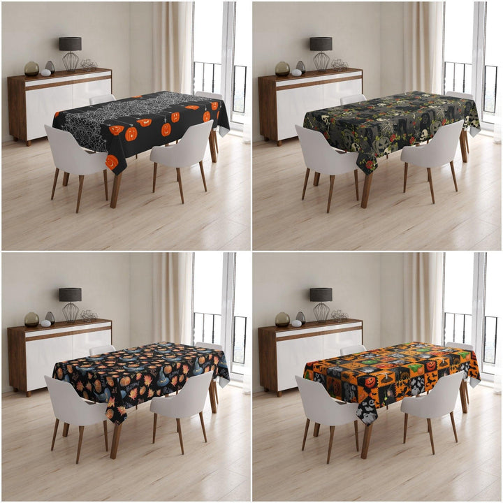 Halloween Tablecloth|Carved Pumpkin, Ghost, Spider Web, Skull Tabletop|Housewarming Fall Trend Table Cover|Halloween, Bat, Witch Print Table