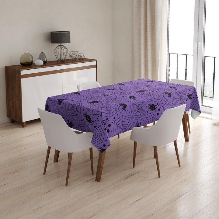 Halloween Tablecloth|Haunted House, Spider Web and Bat Print Tabletop|Housewarming Fall Trend Tabletop|Orange Purple Yellow Halloween Table