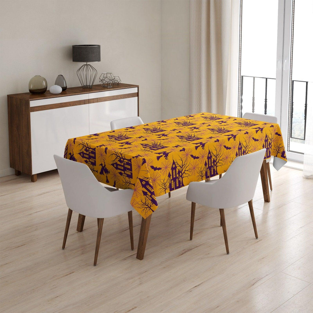 Halloween Tablecloth|Haunted House, Spider Web and Bat Print Tabletop|Housewarming Fall Trend Tabletop|Orange Purple Yellow Halloween Table