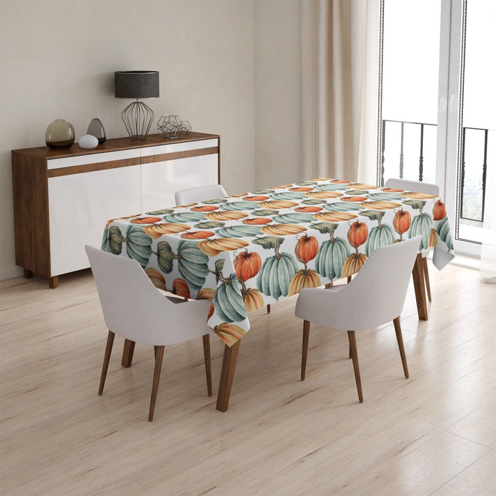 Fall Trend Tablecloth|Orange Green and Yellow Pumpkin Tabletop|Housewarming Striped Pumpkin and Dry Leaves Table Cover|Gray Pumpkin Tabletop