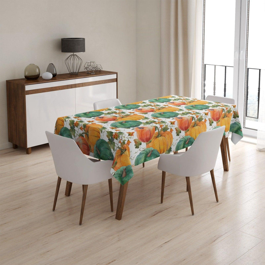 Fall Trend Tablecloth|Orange Green and Yellow Pumpkin Tabletop|Housewarming Striped Pumpkin and Dry Leaves Table Cover|Gray Pumpkin Tabletop