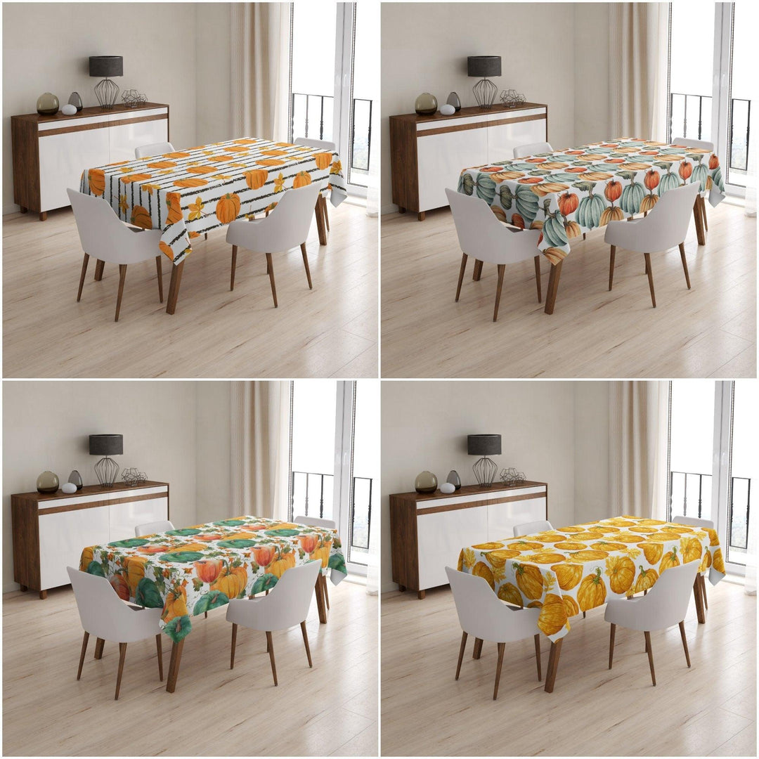 Fall Trend Tablecloth|Orange Green and Yellow Pumpkin Tabletop|Housewarming Striped Pumpkin and Dry Leaves Table Cover|Gray Pumpkin Tabletop