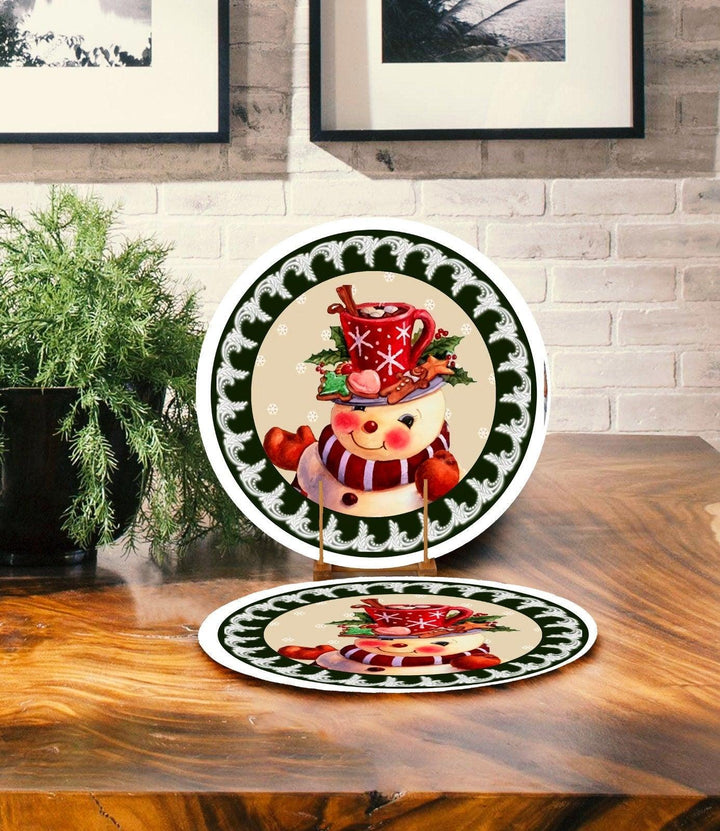 Set of 2 Cute Snowman Placemat|Let it Snow Table Decor|Winter Supla Table Mat|Christmas American Service Round Dining Underplate, Coasters