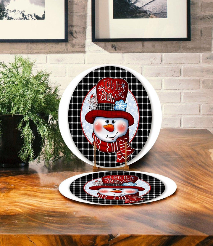 Set of 2 Cute Snowman Placemat|Let it Snow Table Decor|Winter Supla Table Mat|Christmas American Service Round Dining Underplate, Coasters