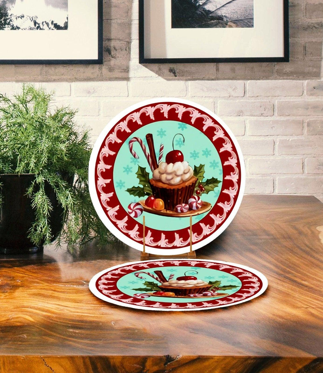 Set of 2 Christmas Placemat|Floral Xmas Bell Table Decor|Xmas Cake Supla Table Mat|Plaid American Service Round Dining Underplate, Coasters