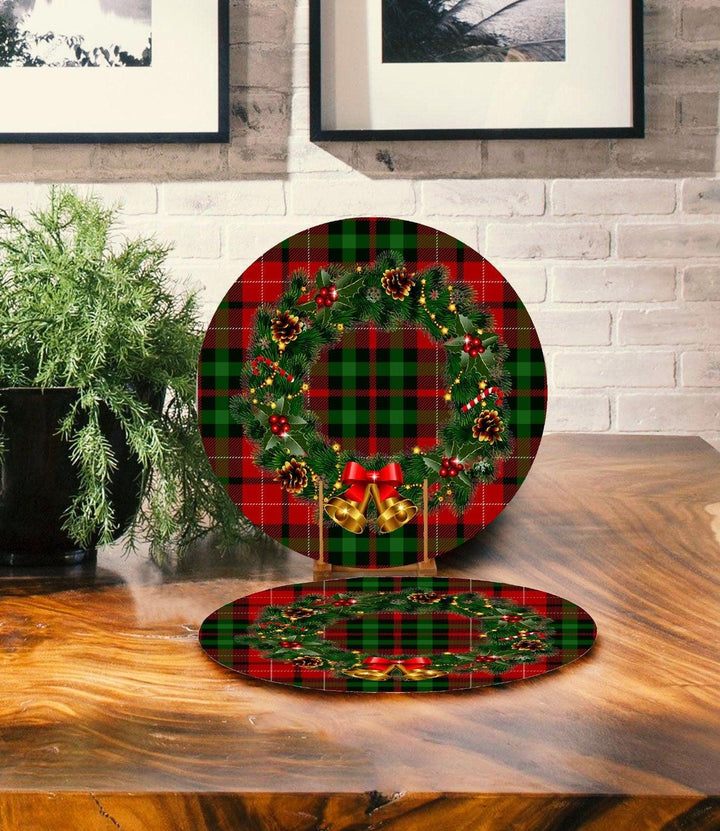 Set of 2 Christmas Placemat|Floral Xmas Bell Table Decor|Xmas Cake Supla Table Mat|Plaid American Service Round Dining Underplate, Coasters