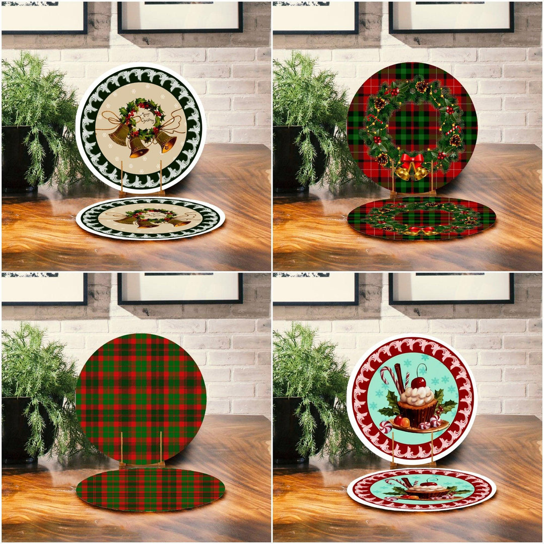 Set of 2 Christmas Placemat|Floral Xmas Bell Table Decor|Xmas Cake Supla Table Mat|Plaid American Service Round Dining Underplate, Coasters