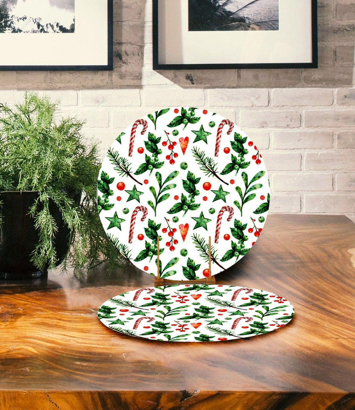 Set of 2 Christmas Placemat|Xmas Ornaments Table Decor|Winter Supla Table Mat|Berries American Service Round Dining Underplate, Coasters