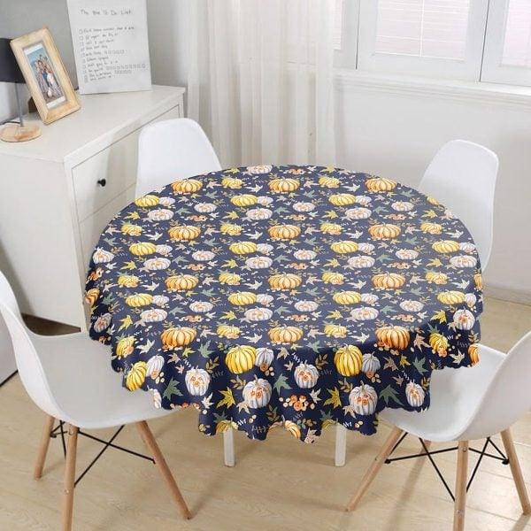 Fall Trend Tablecloth|Pumpkin Print Round Table Linen|Housewarming Autumn Kitchen Decor|Checkered Tablecloth|Circle Hello Fall Tablecloth