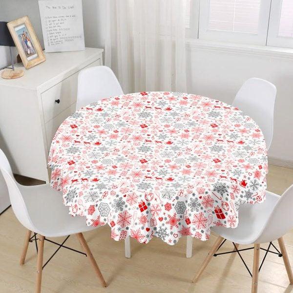 Snowflake Tablecloth|Winter Trend Round Table Linen|Housewarming Xmas Kitchen Decor|Geometric Tablecloth|Circle Red White Xmas Tablecloth