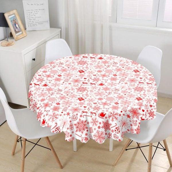 Snowflake Tablecloth|Winter Trend Round Table Linen|Housewarming Xmas Kitchen Decor|Geometric Tablecloth|Circle Red White Xmas Tablecloth