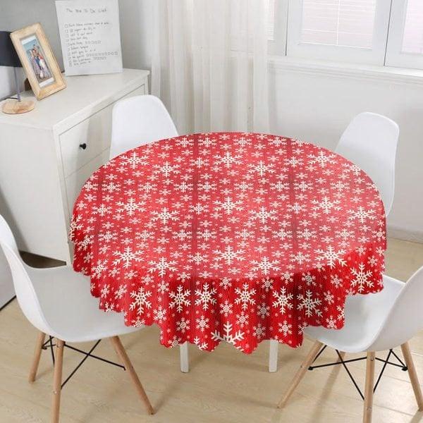 Snowflake Tablecloth|Winter Trend Round Table Linen|Housewarming Xmas Kitchen Decor|Geometric Tablecloth|Circle Red White Xmas Tablecloth