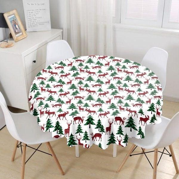 Christmas Tablecloth|Round Xmas Deer and Tree Table Linen|Housewarming Checkered Leaves Kitchen Decor|Red Car with Xmas Tree Tablecloth