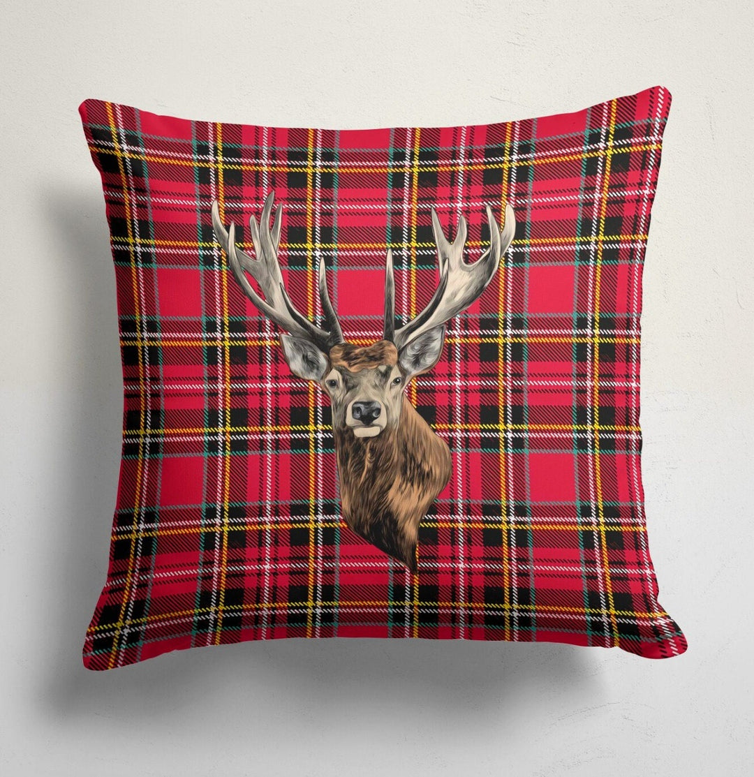 Christmas Pillow Top|Checkered Xmas Deer Cushion Case|Decorative Buckhorn Pillow Case|Xmas Home Decor|Buffalo Plaid Pillow|Winter Pillow Top