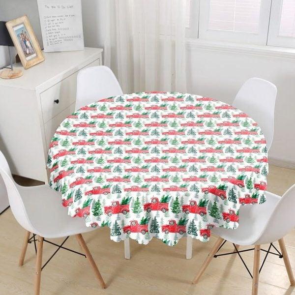 Christmas Tablecloth|Round Xmas Deer and Xmas Tree Table Linen|Housewarming Xmas Socks Kitchen Decor|Red Truck with Xmas Tree Tablecloth