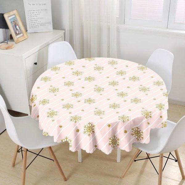 Snowflake Tablecloth|Winter Trend Round Tablecloth|Decorative Pale Colored Xmas Kitchen Decor|Geometric Tablecloth|Circle Design Xmas Table