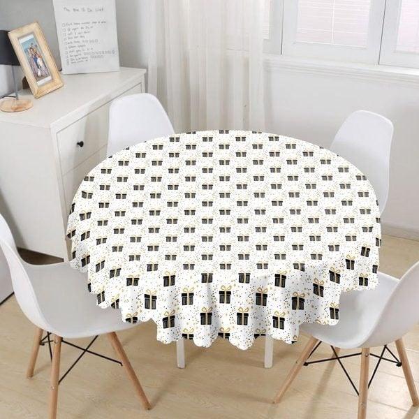 Winter Trend Tablecloth|Round Gift Box and Bell Print Table Linen|Housewarming Xmas Kitchen Decor|Decorative Circle Christmas Tablecloth