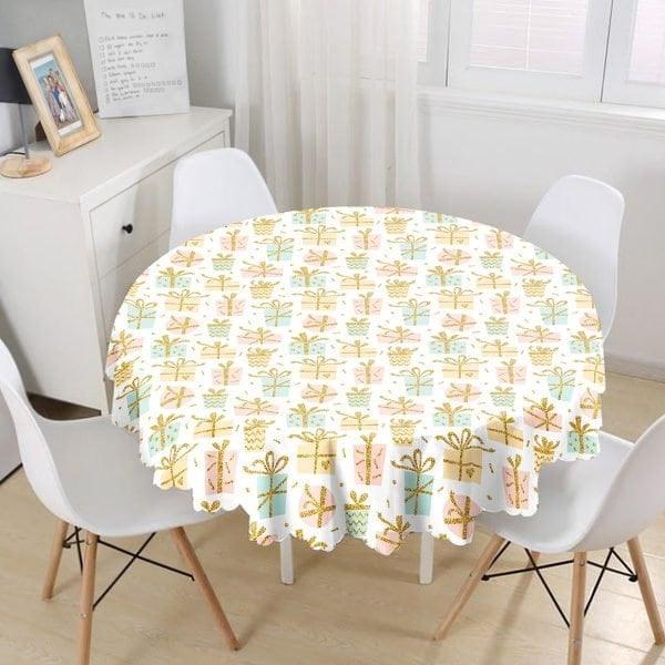 Winter Trend Tablecloth|Round Gift Box and Bell Print Table Linen|Housewarming Xmas Kitchen Decor|Decorative Circle Christmas Tablecloth