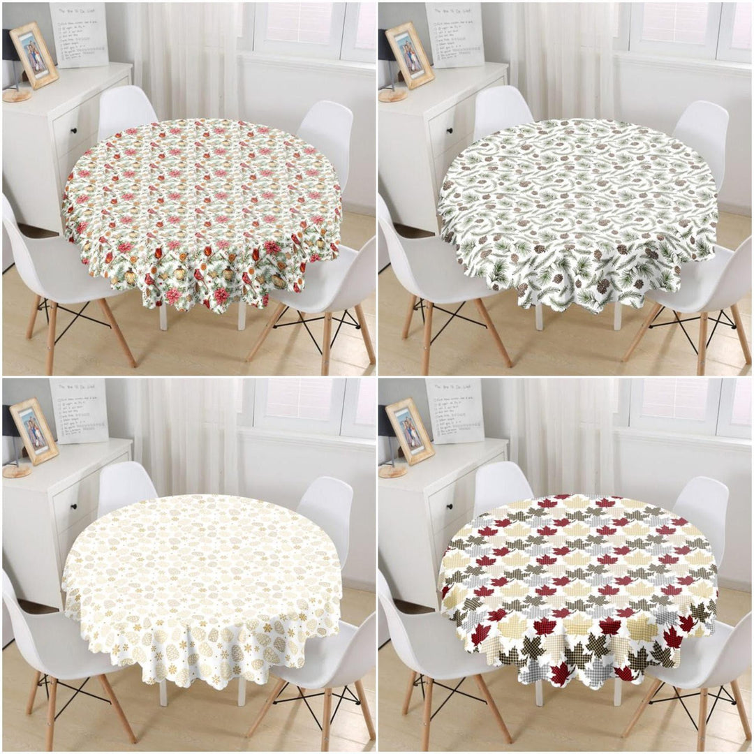 Winter Trend Tablecloth|Round Cardinal Bird Table Linen|Housewarming Pine Cone Print Kitchen Decor|Circle Checkered Leaves Print Tablecloth