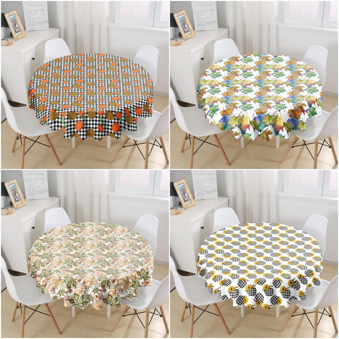 Fall Trend Tablecloth|Checkered Pumpkin Print Round Table Linen|Housewarming Autumn Kitchen Decor|Dry Leaves Tablecloth|Circle Tablecloth