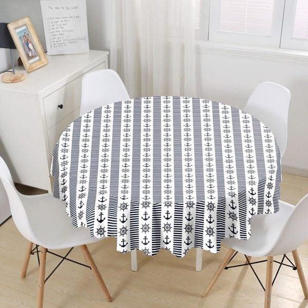 Nautical Tablecloth|Navy Anchor Print Round Table Linen|Coastal Kitchen Decor|Navy Compass Tablecloth|Circle Striped Beach House Table Cover