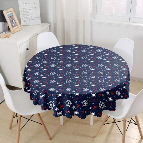 Nautical Tablecloth|Navy Anchor Print Round Table Linen|Coastal Kitchen Decor for Yacht|Navy Wheel Tablecloth|Circle Beach House Table Top