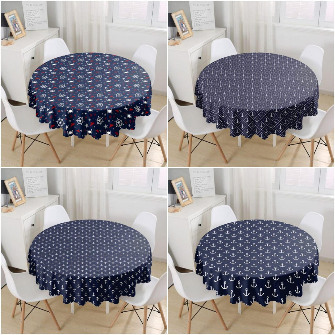 Nautical Tablecloth|Navy Anchor Print Round Table Linen|Coastal Kitchen Decor for Yacht|Navy Wheel Tablecloth|Circle Beach House Table Top