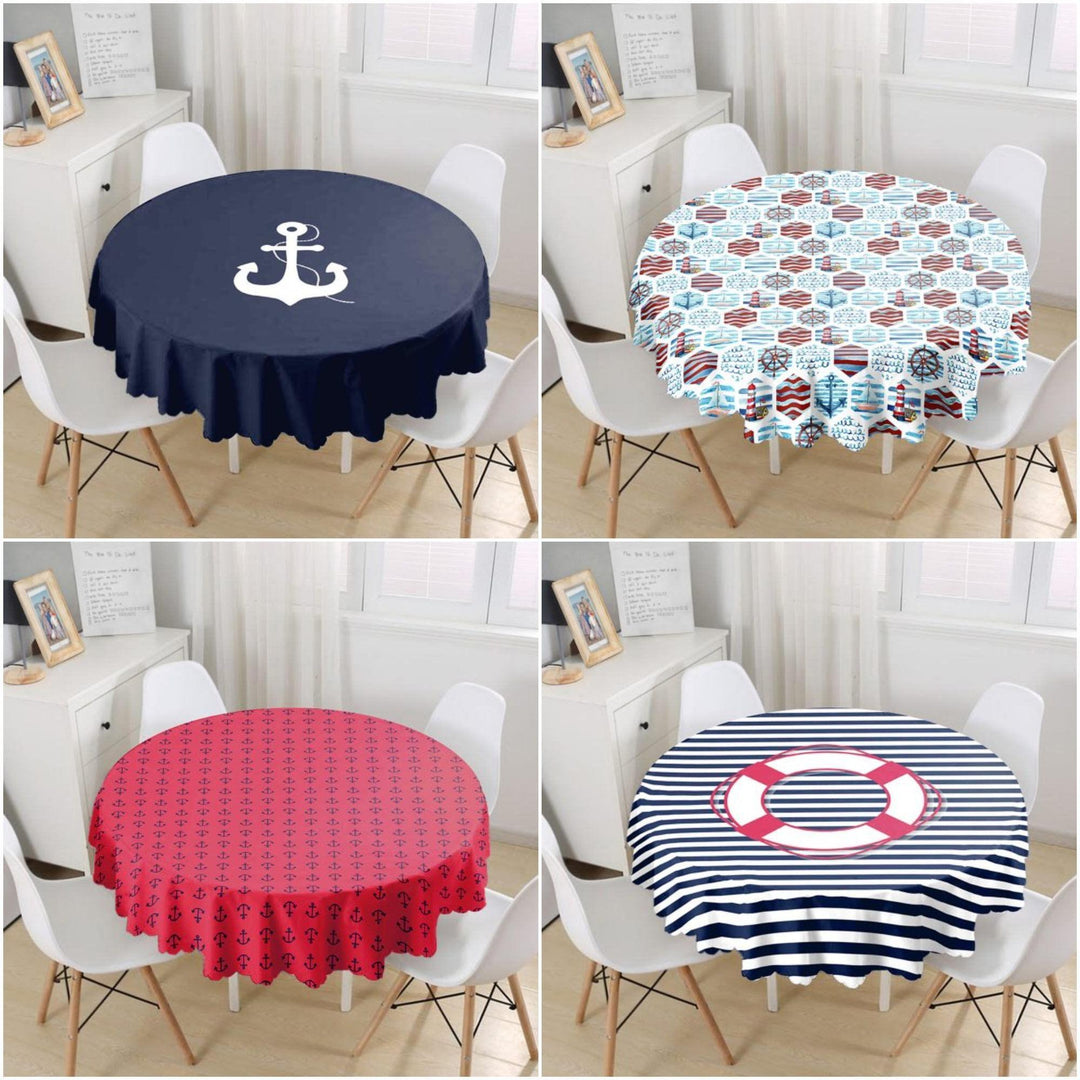 Nautical Tablecloth|Navy Anchor Print Round Table Linen|Coastal Kitchen Decor|Life Saver Tablecloth|Circle Striped Beach House Table Cover