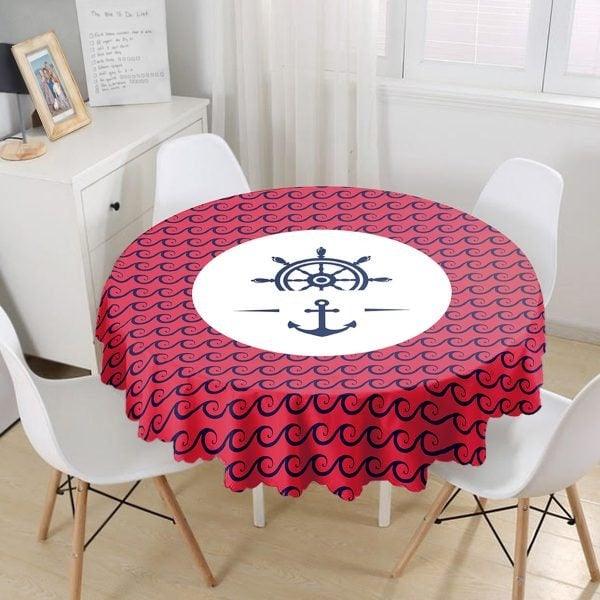 Nautical Tablecloth|Navy Wheel and Anchor Print Round Table Linen|Coastal Kitchen Decor|Blue Cruise Tablecloth|Circle Striped Dotted Table