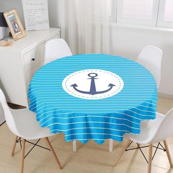 Nautical Tablecloth|Navy Anchor Print Round Table Linen|Coastal Kitchen Decor|Striped and Zigzag Tablecloth|Circle Beach House Table Cover