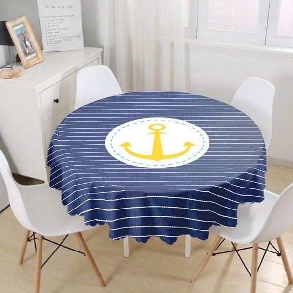 Nautical Tablecloth|Navy Anchor Print Round Table Linen|Coastal Kitchen Decor|Striped and Zigzag Tablecloth|Circle Beach House Table Cover