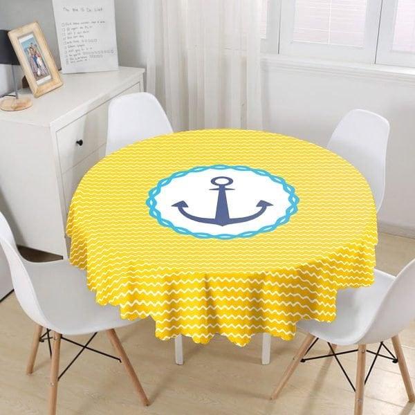 Nautical Tablecloth|Navy Anchor Print Round Table Linen|Coastal Kitchen Decor|Striped and Zigzag Tablecloth|Circle Beach House Table Cover