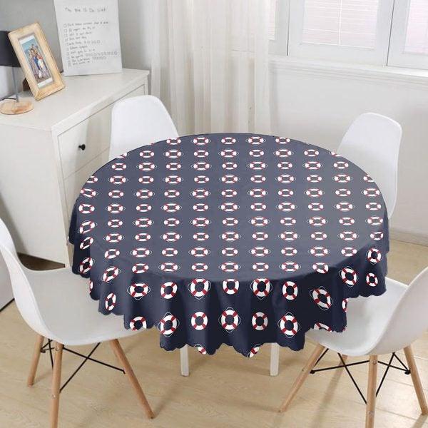 Nautical Tablecloth|Navy Anchor Wheel and Live Saver Round Table Linen|Coastal Kitchen Decor|Navy Compass Tablecloth|Circle Beach Table Top