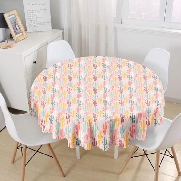 Cactus Tablecloth|Round Colorful Succulent Table Linen|Farmhouse Kitchen Decor|Decorative Cactus Table Top|Circle Cactus Print Tablecloth