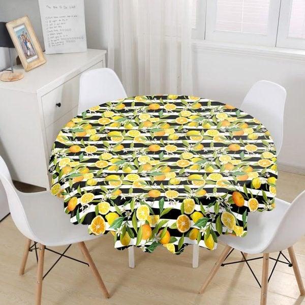 Lemon Tablecloth|Round Floral Lemon Table Linen|Striped Kitchen Decor|Fresh Citrus Table Top|Circle Yellow Lemon with Green Leaves Table Top