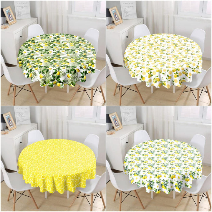 Lemon Tablecloth|Round Floral Lemon Table Linen|Farmhouse Kitchen Decor|Fresh Citrus Table Top|Circle Yellow Lemon with Green Leaves Table