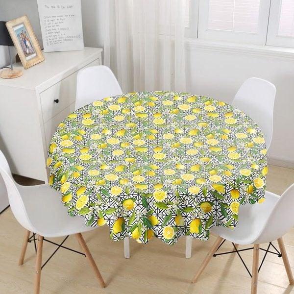 Lemon Tablecloth|Round Lemon Slice Table Linen|Farmhouse Kitchen Decor|Fresh Citrus Table Top|Circle Yellow Lemon and Green Leaves Table Top