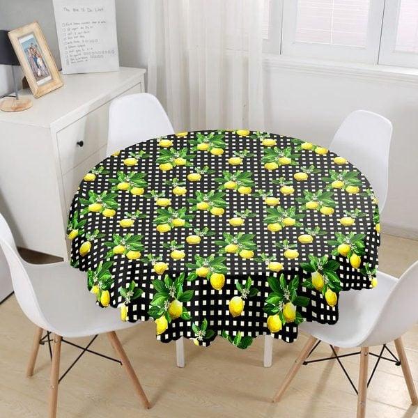 Lemon Tablecloth|Round Lemon Slice Table Linen|Farmhouse Kitchen Decor|Fresh Citrus Table Top|Circle Yellow Lemon and Green Leaves Table Top